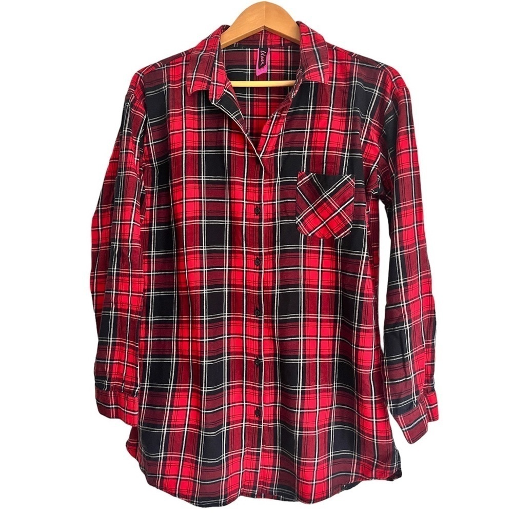 La Senza Red black Flannel Cotton night shirt night gown front button Pyjamas M